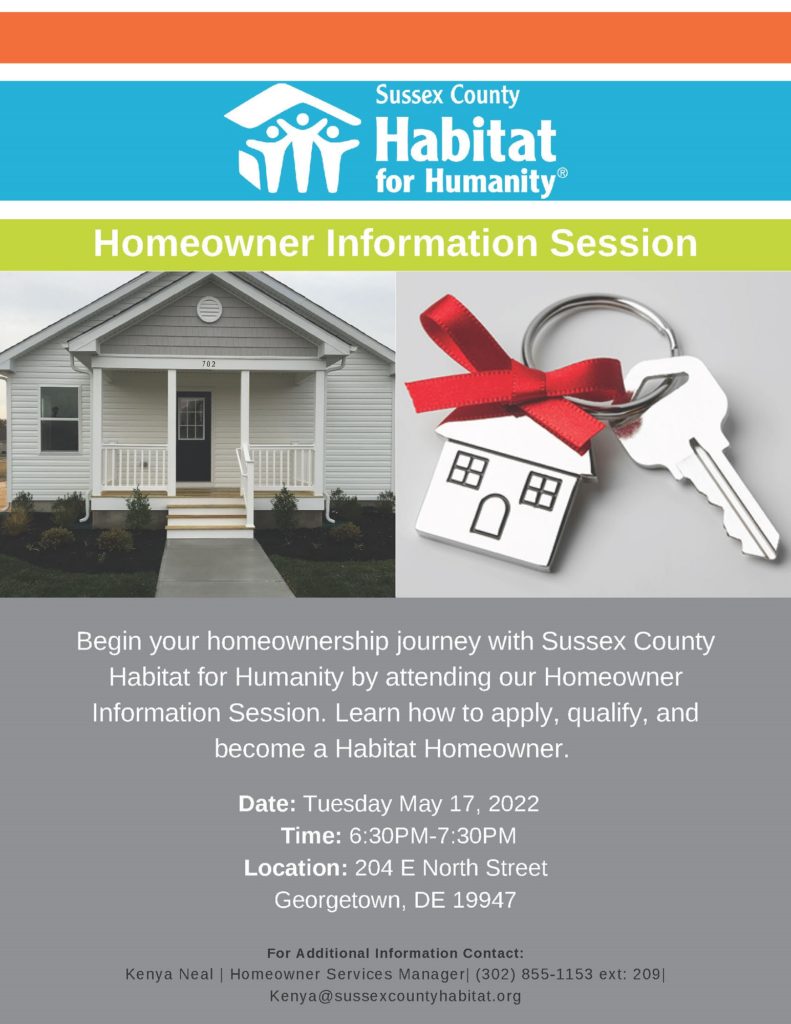 A flyer shows information about an upcoming Homeowner Information Session on Tuesday, May 17, 2022 at 6:30pm at 204 East North Street, Georgetown, Delaware. Images include the entrance to a home and a key chain with a house charm on it.