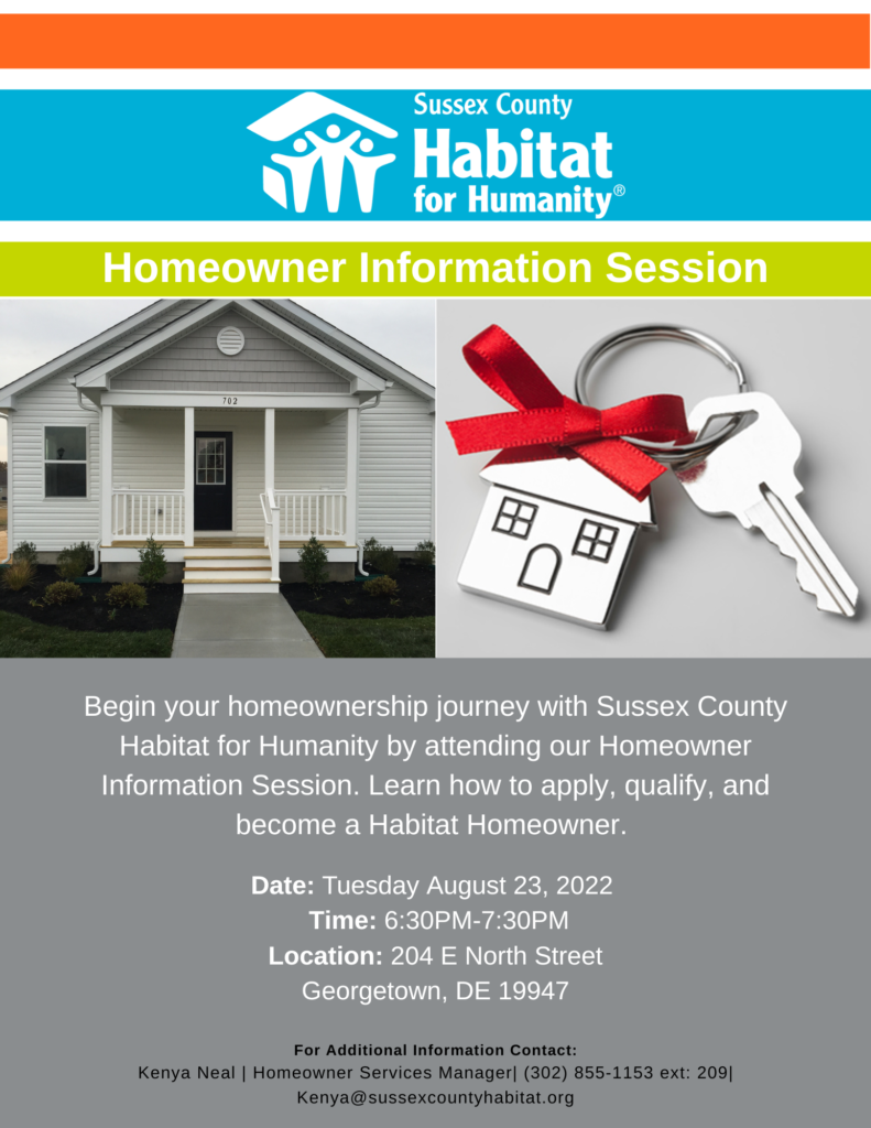 This is a flyer for homeowner information session on August 23rd at 6:30pm at 204 East North Street Georgetown DE 19947
